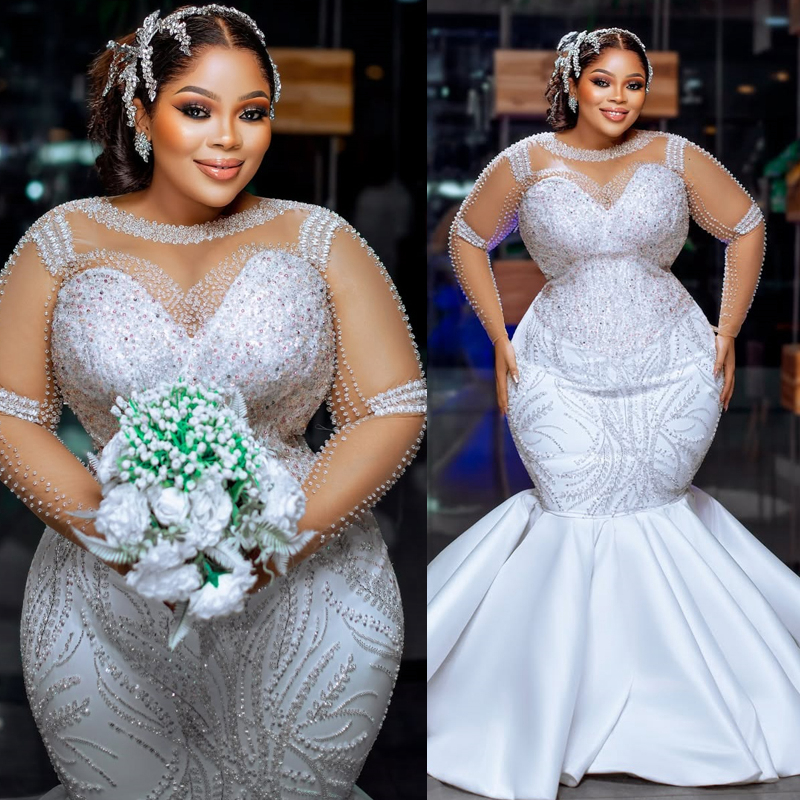 2025 Plus Size Off White Wedding Dress Bridal Gowns For Bride Mermaid Wedding Gowns Sheer Neckk Illusion Long Sleeves Pearls Beaded Lace Bridal Dress 