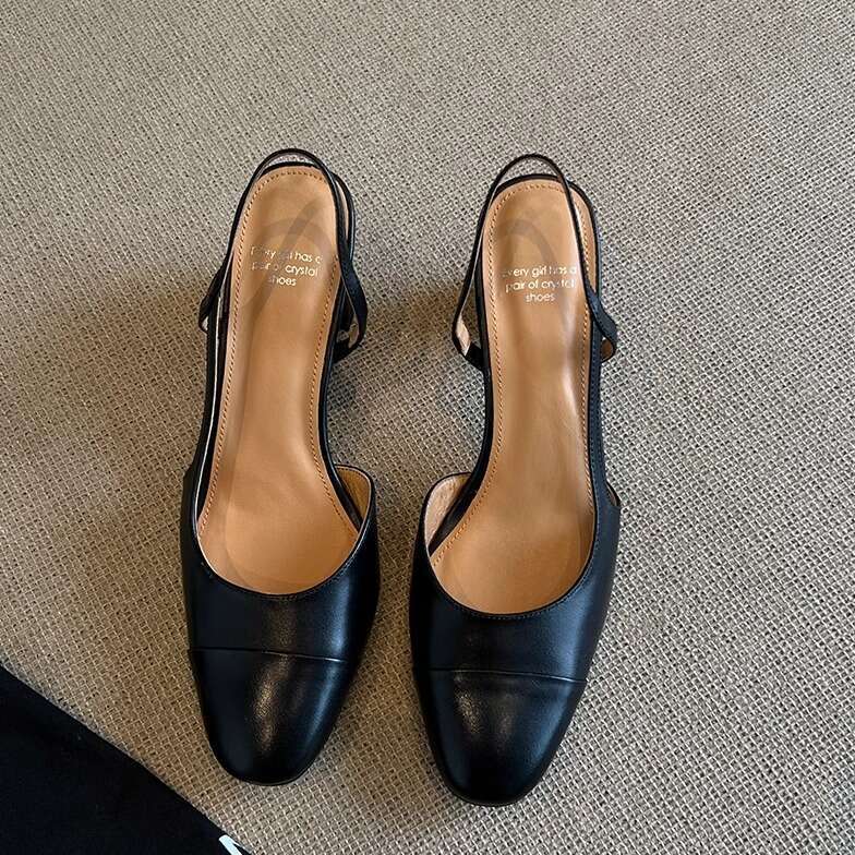 Designer Shoe Backless One-Strap Closed-Toe Sandals for Women, Genuine Leather, Odor-Free, Thick Heel Slippers, Round Toe, Slimming, Commuter Single S