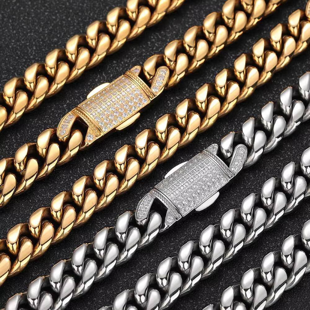 Fashion Hip Hop Jewelry 12Mm MicroInset Moissanite Spring Snap Stainless Steel Cuban Chain Chunky Gold Plated Necklace for Men