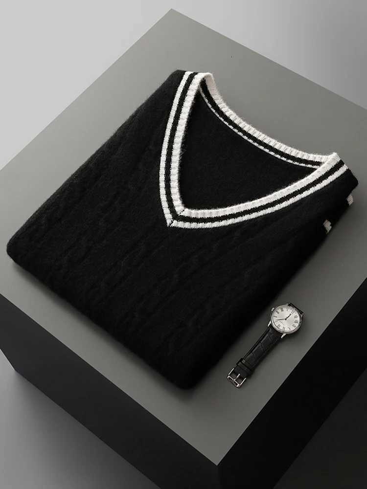 Chic Preppy Style Mens Pullover Vest Autumn Winter 100 Merino Wool Sleeveless Knitwear Thick VNeck Casual Sweater WaistcoatXJ250904