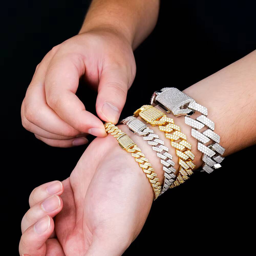 Hip Hop S925 Silver Bracelet VVS1 Moissanite Iced Out Cuban Chain 2Rows Jewelry for Gifts