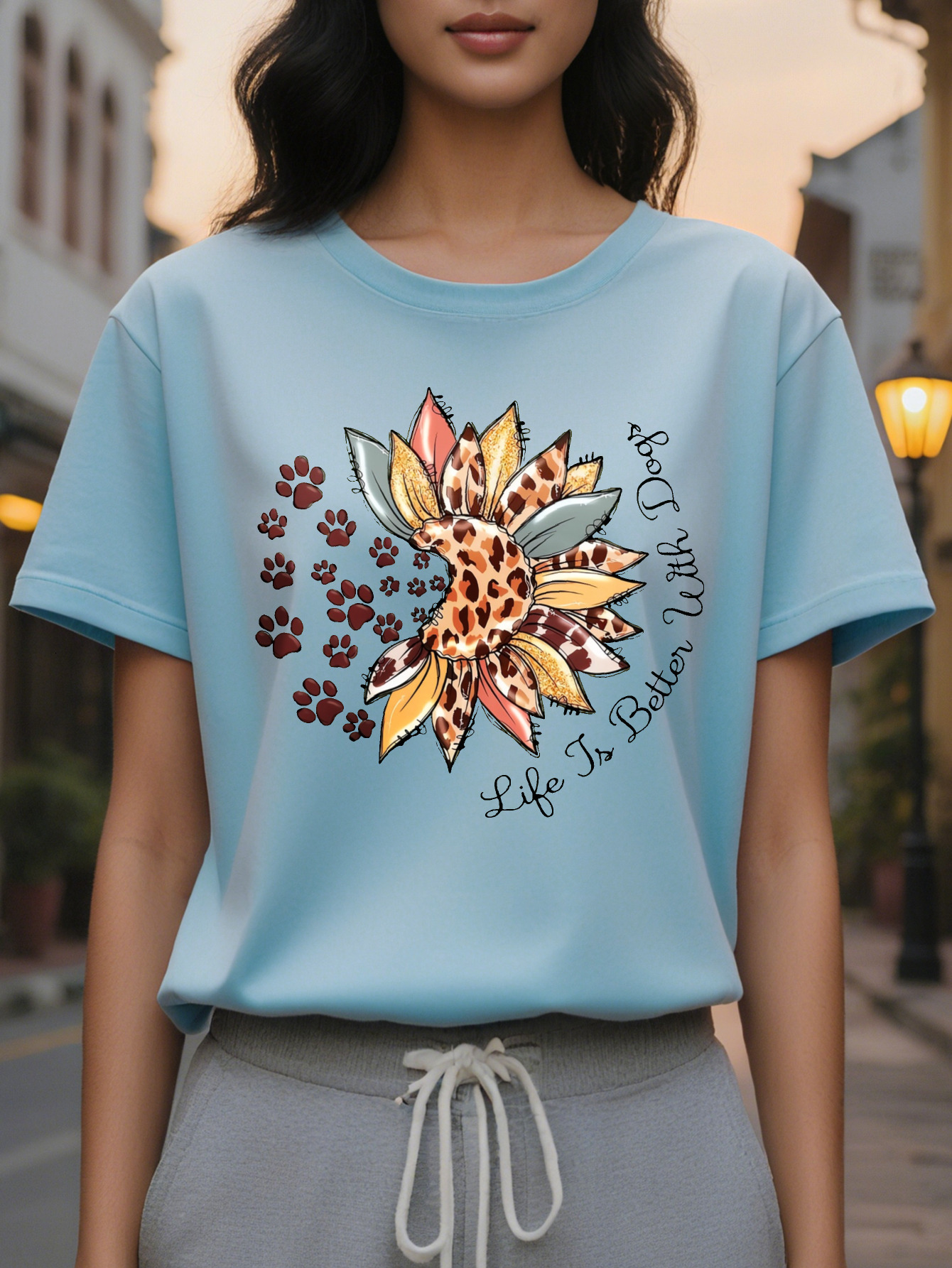 Women s Olive Green Suower Leopard Paw Print T Shirt Life is Better with Her Graphic Soft Stretch Round Neck Casual