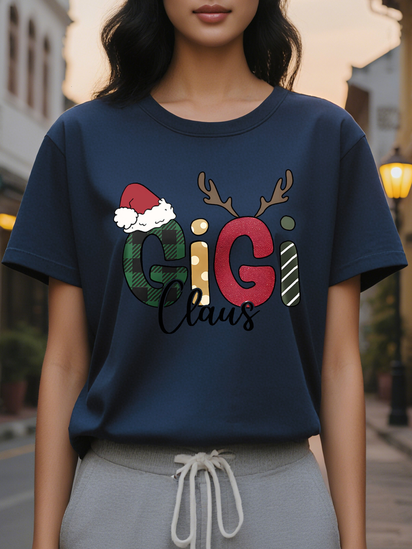 Women's Christmas Theme T-shirt Cotton Knitted Fabric Round Neck Short Sleeves Casual Style Normal Length