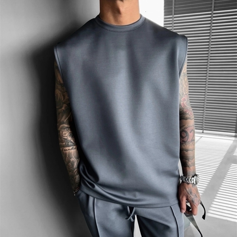 summer sleeveless sports suit 2025 mens casual solid color trousers mens clothing vest twopiece set 250903