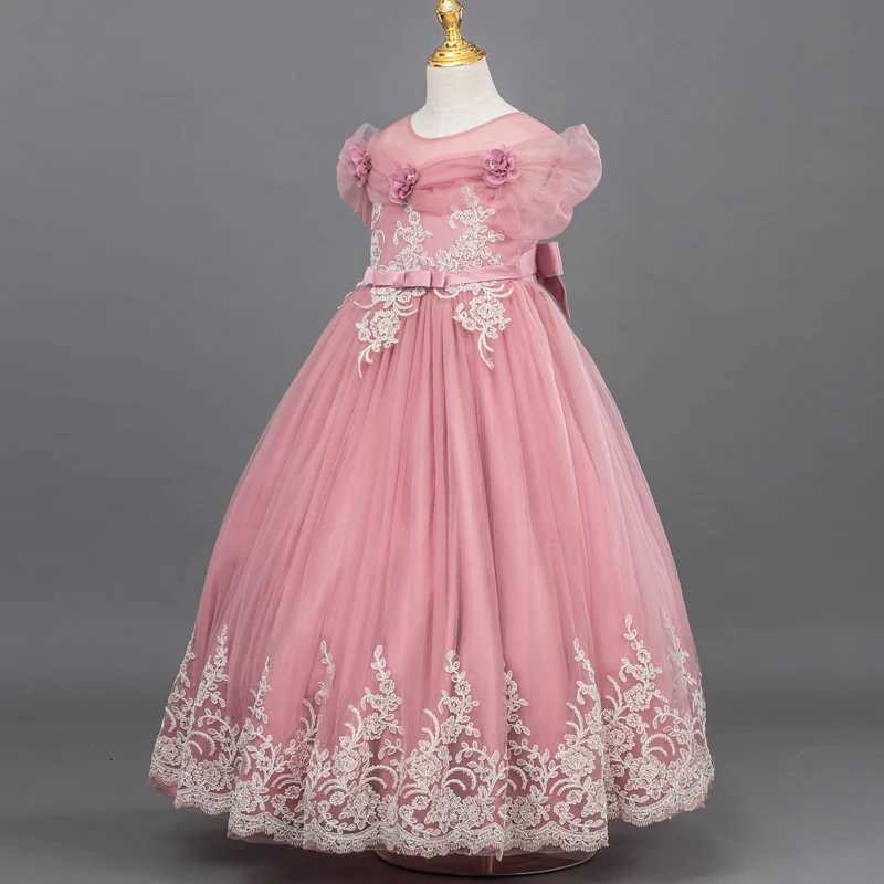 A96 Childrens Dress Girls Princess Sequin Bubble Sleeve Long Mesh Flower Girl Wedding Gown Z250904