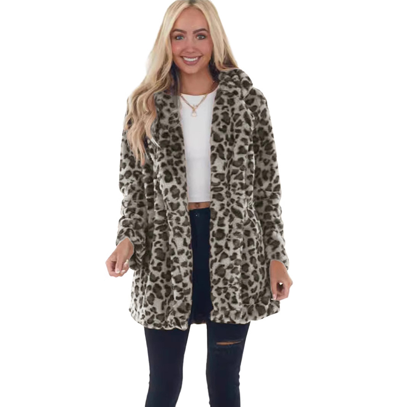 2025 European and American autumn and winter leopard print women's clothing fashion temperament imitation fur with pockets loose fur jacket