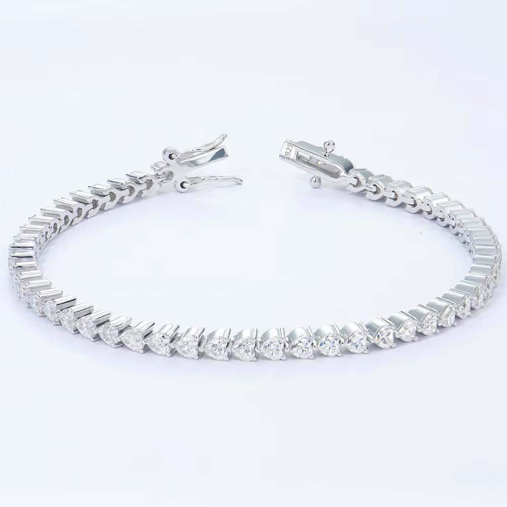 White Gold Plated Hiphop Jewelry 6mm Tennis Link Chain with 33 Heart Moissanite 925 Silver Bracelet