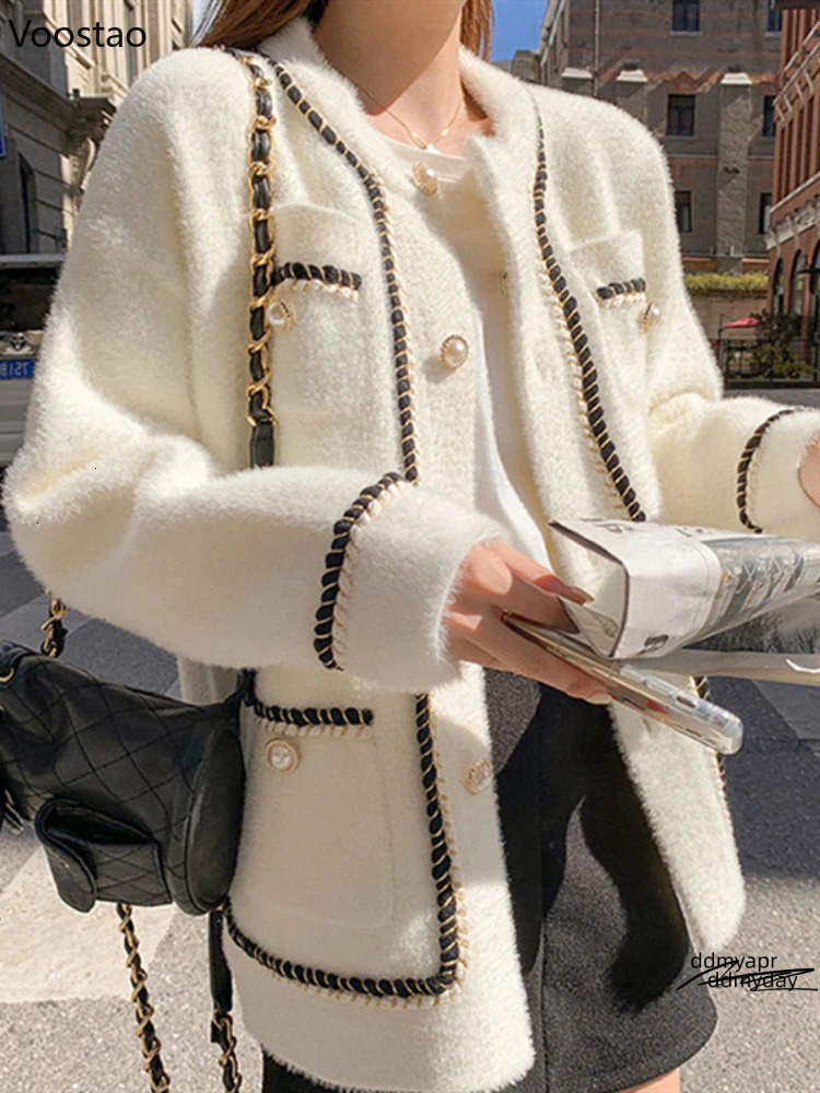 White Mink Cashmere Sweater Coat Women Autumn Winter Lazy Style Korean Retro Black Loose Oneck Knitted Cardigan Fashion Outwear Ddmyday 241108 Ddmyday