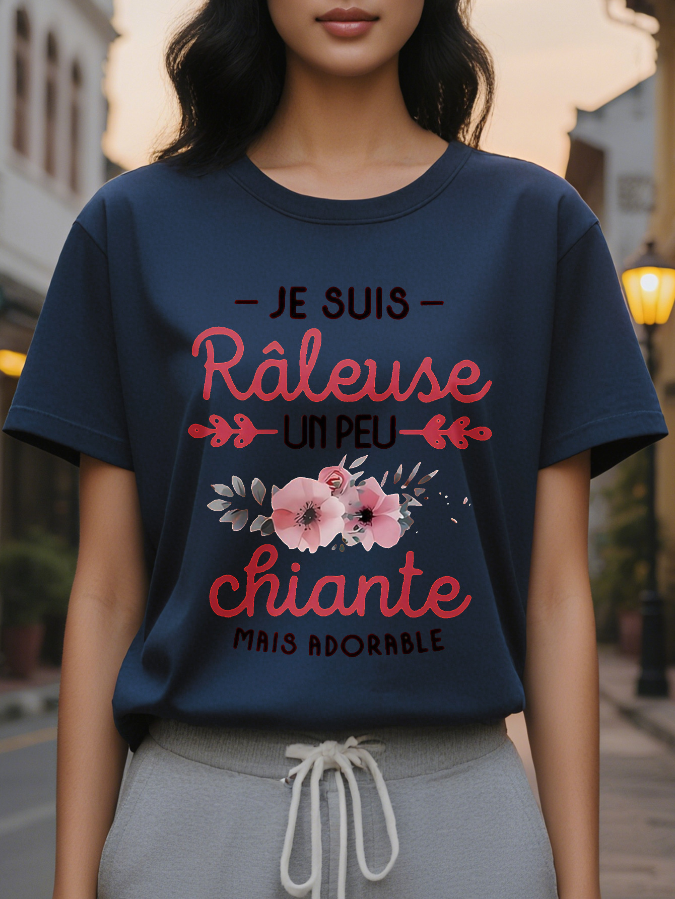 RALEUSE Ladies French Quotations and Printed T-Shirt Light Beige Loose Short Sleeve Top Breathable Round Neck Summer
