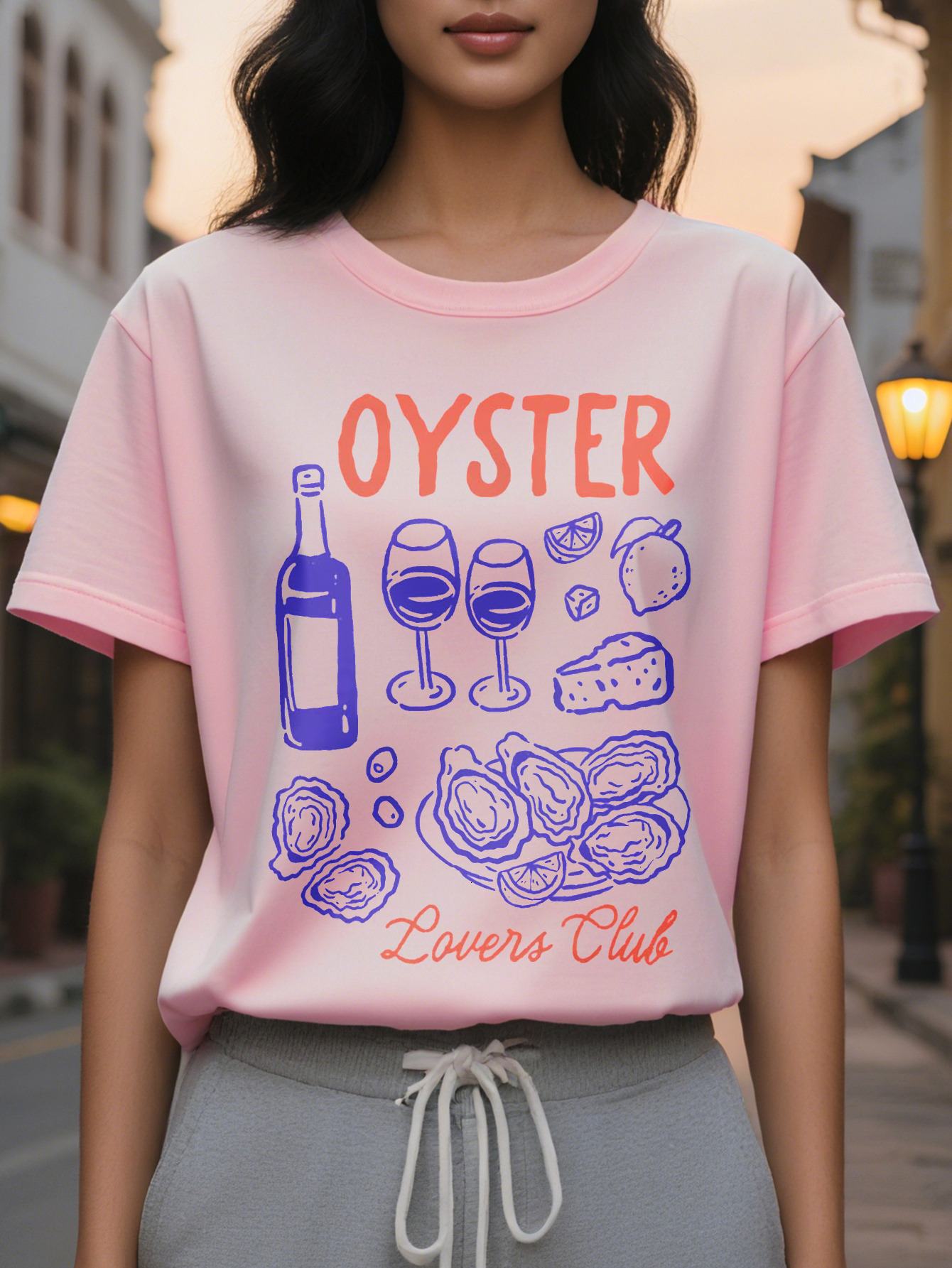 Women s Elegant Lovers Club T Shirt Sleeve Round Neck Casual Fashion Design with Wine Glass Oyster Pattern