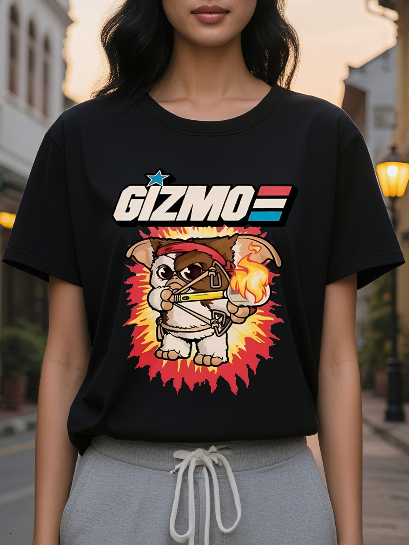 Fashion Glamour Women's GIZMO T-shirt Light Gray Cartoon Dog Print Short Sleeve Round Neck Cotton Spring