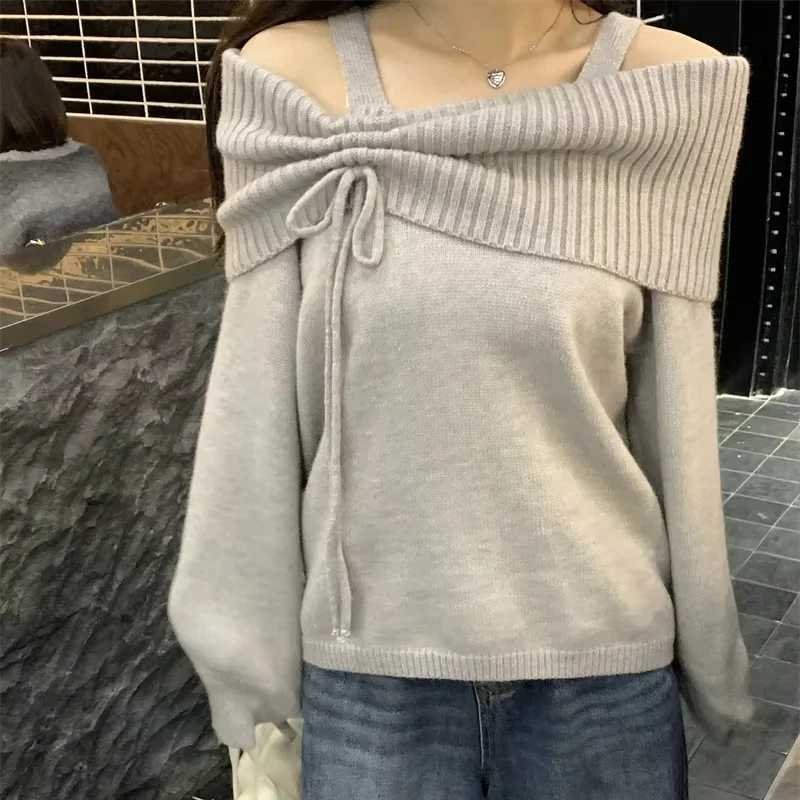Deeptown Korean Style Coquette Knitwear Pullovers Women Sweet Slash Neck Long Sleeve Sweaters Autumn Winter 2000s Grey Jumper M250904