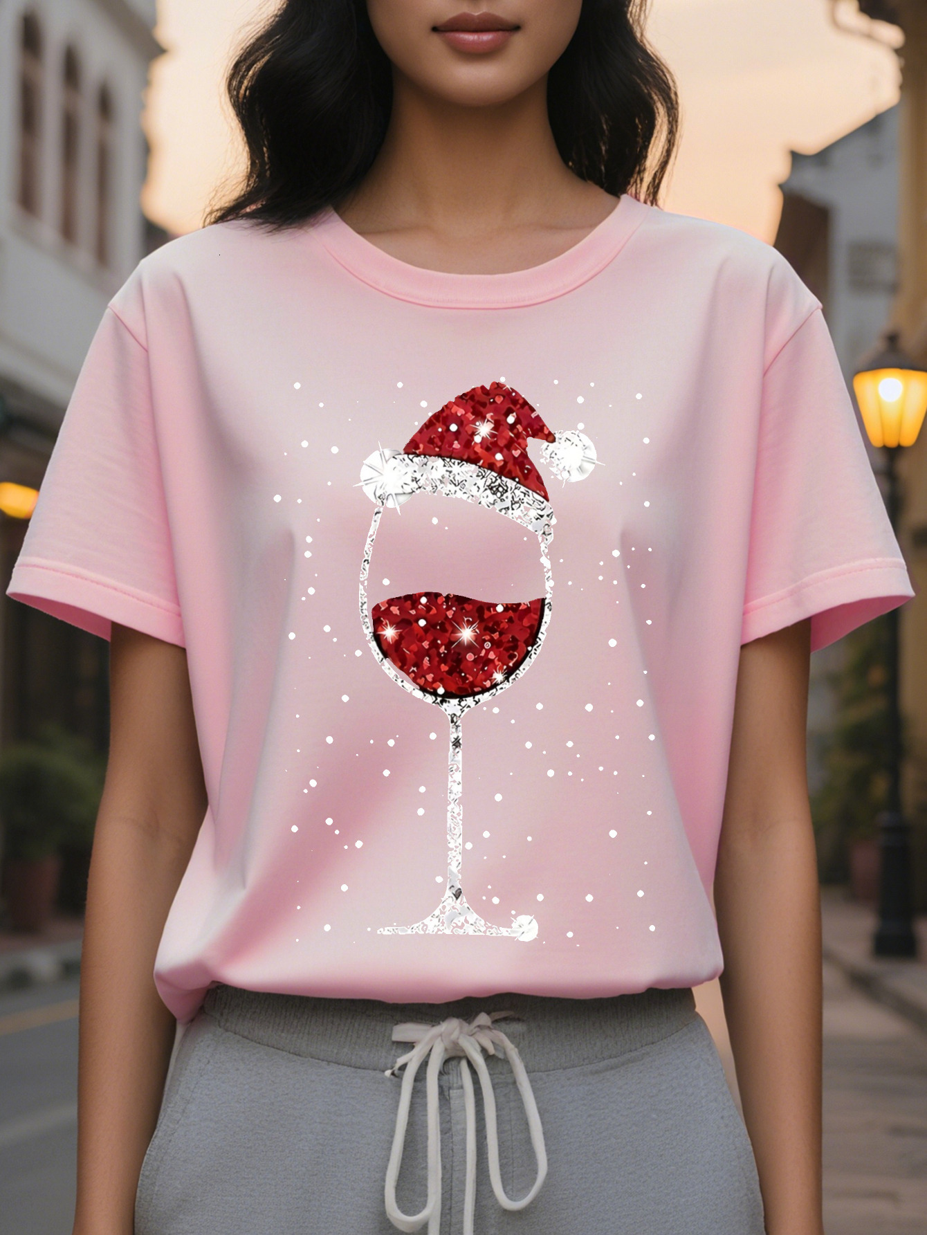 Large XL Christmas Wine Glass Santa Hat Pattern Print Round Neck T-Shirt Spring and Autumn Casual Tops Women's Clothing Plus Size