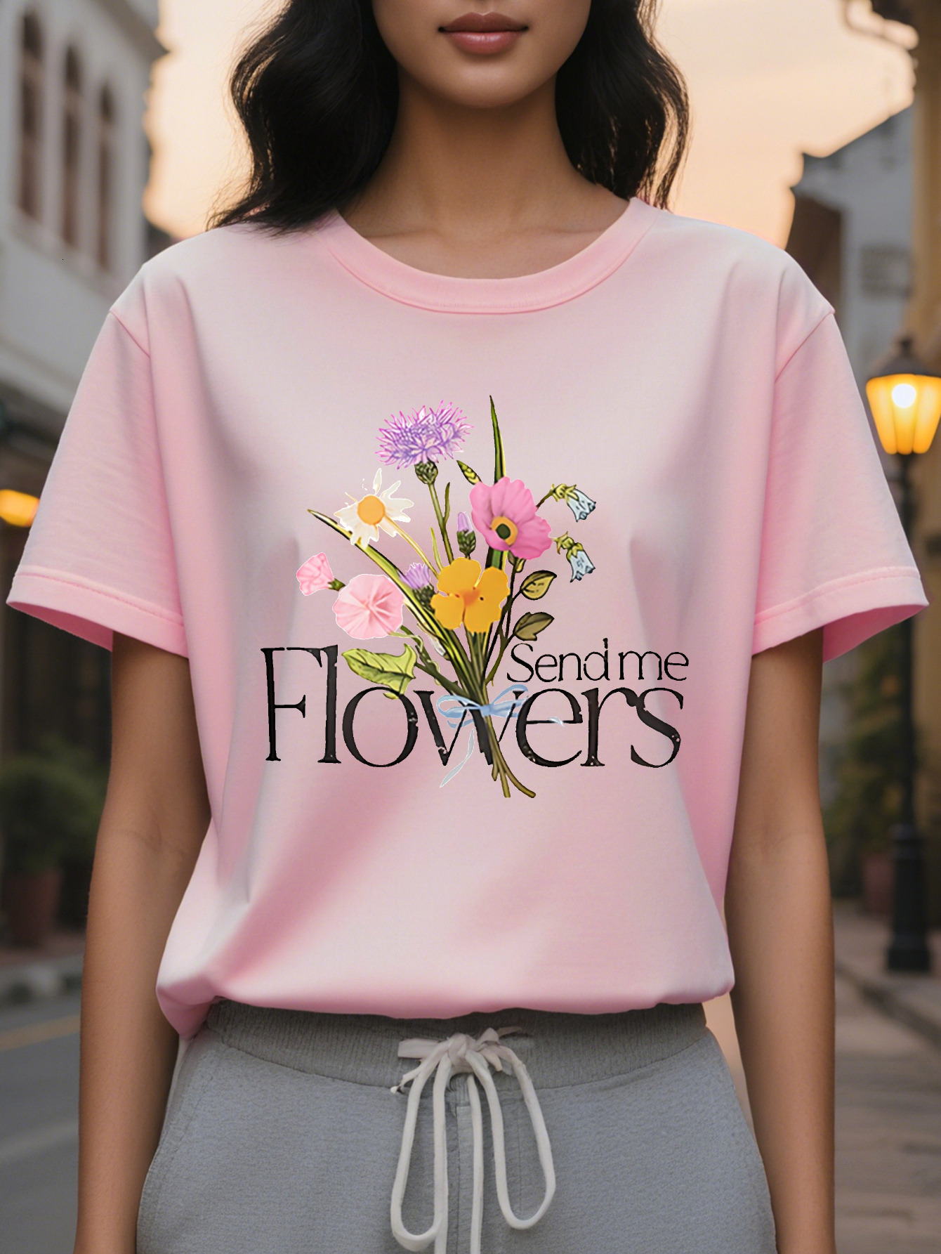 FLOWERS American Printed Pattern Spring and Summer New Fashion Round Neck T-shirt Slim Fit Slimming Women's