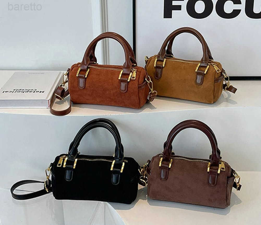 Slouchy Suede Boston Barrel Bag Women Corduroy Boho Satchels Shoulder Bag Crossbody Purse Mini Tophandle Tote Handbag M250904