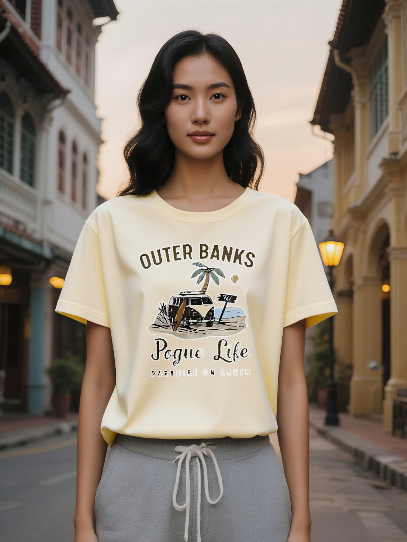 Large XL Women's Casual Crew Neck T-Shirt with Vintage Beach Print Short Sleeve Black Graphic Tee Featuring Outer Banks Life Plus Size