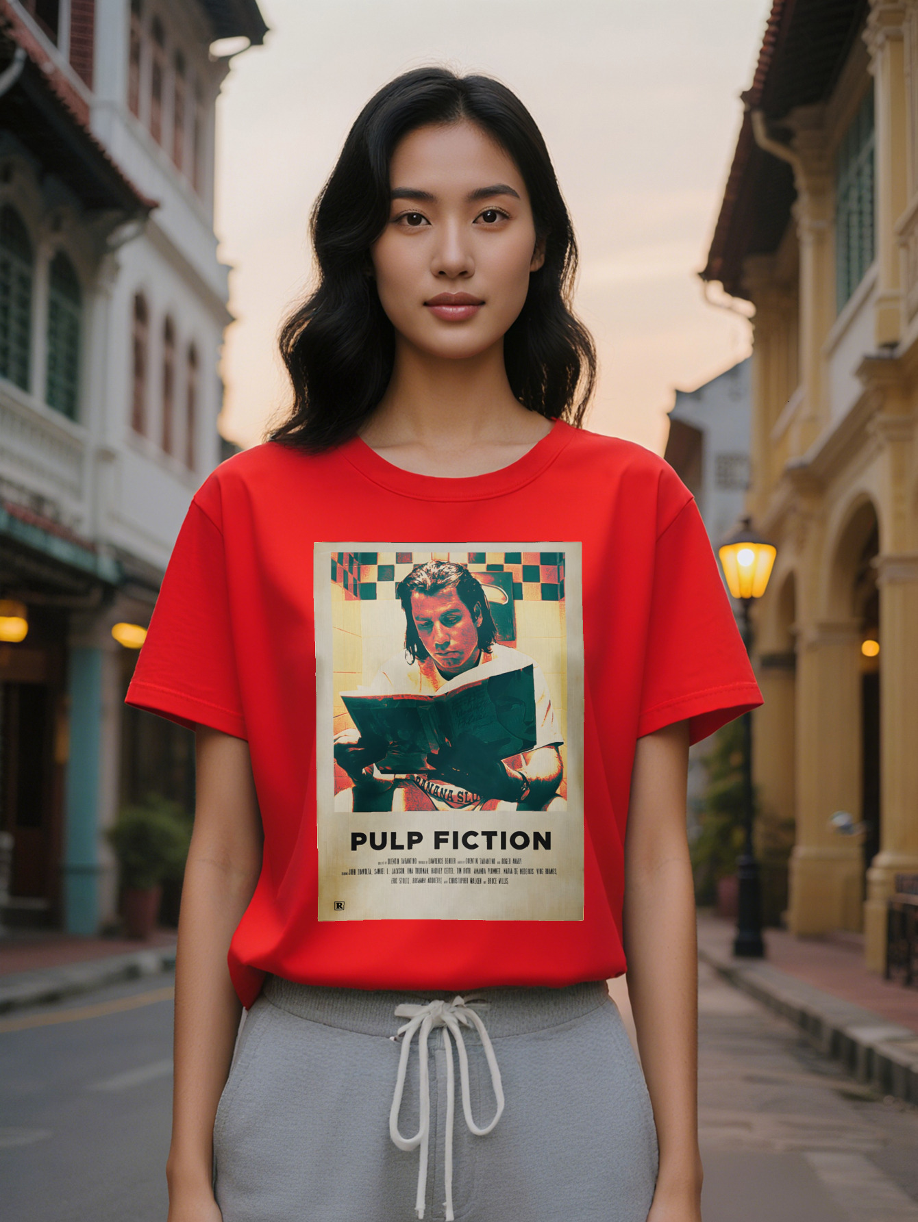 Large XL Women's Casual Crew Neck T-Shirt Pulp Fiction White with Black Print Short Sleeve Regular Fit Summer Tee Perfect Gift Plus Size