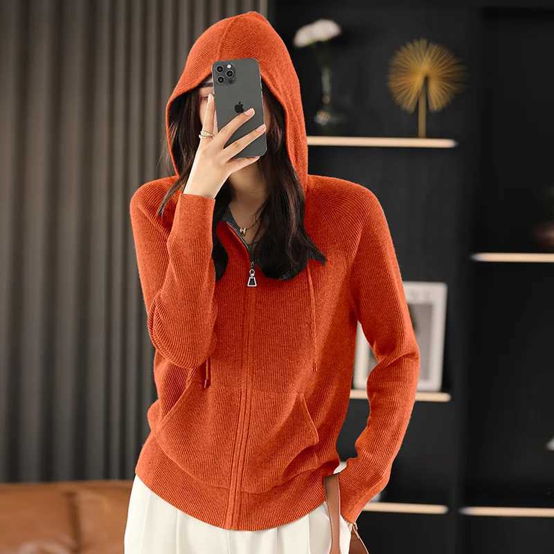 Women Autumn Winter Wool Blend Sweater Hooded Collar Thicken Knitted Zipper Cardigan With Pocket Basis Top Female Coat M250904