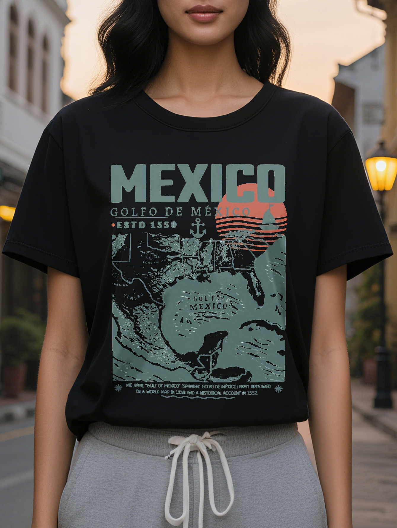 Women's Retro Gulf of Mexico Pattern T-Shirt Patriotic American Nautical Design Coordinates Loose Fit Short