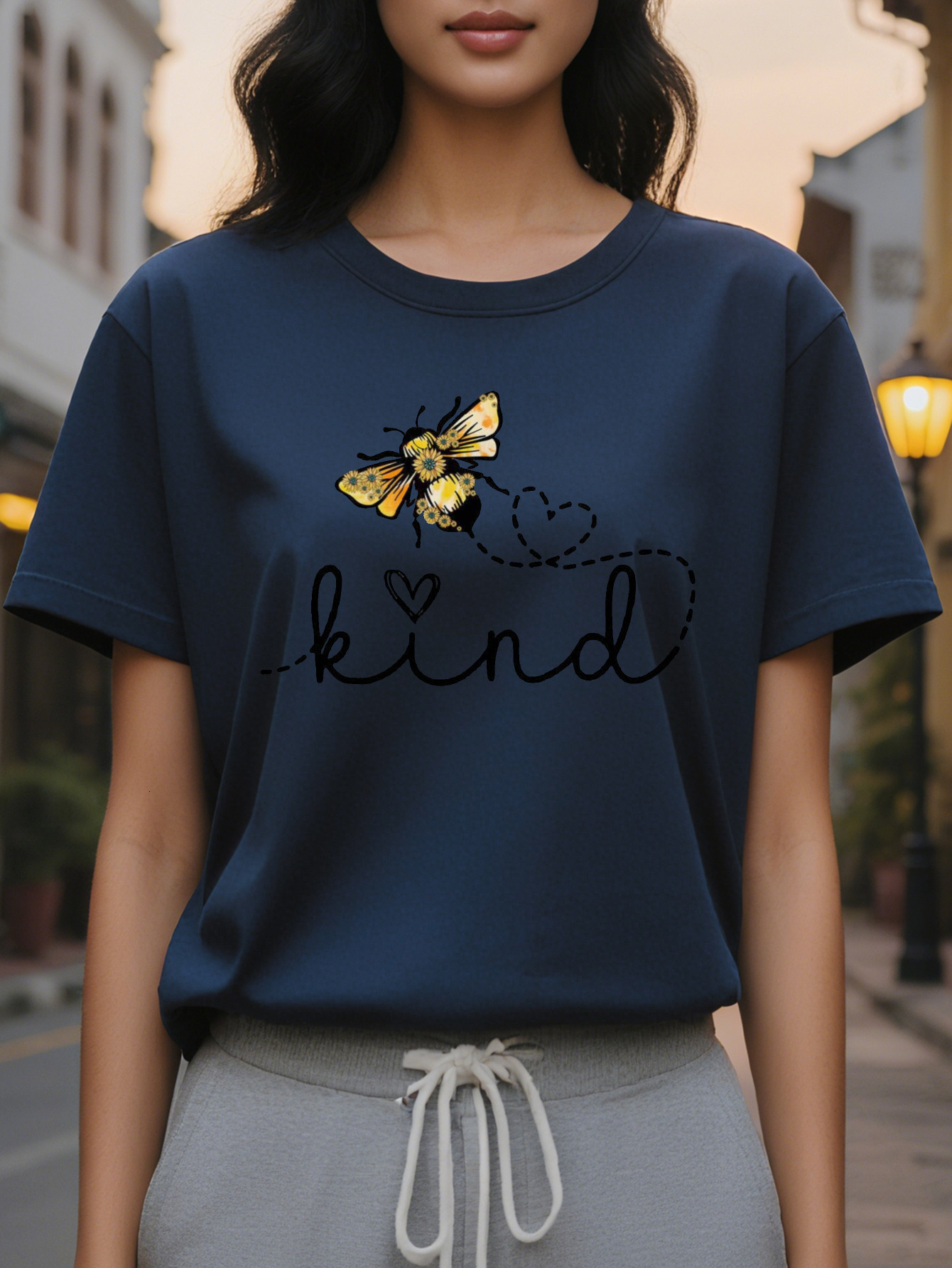 White Be Kind T-shirt Elegant Casual Daily Round Neck Shirt in Bee Pattern Style Positive Energy Women's