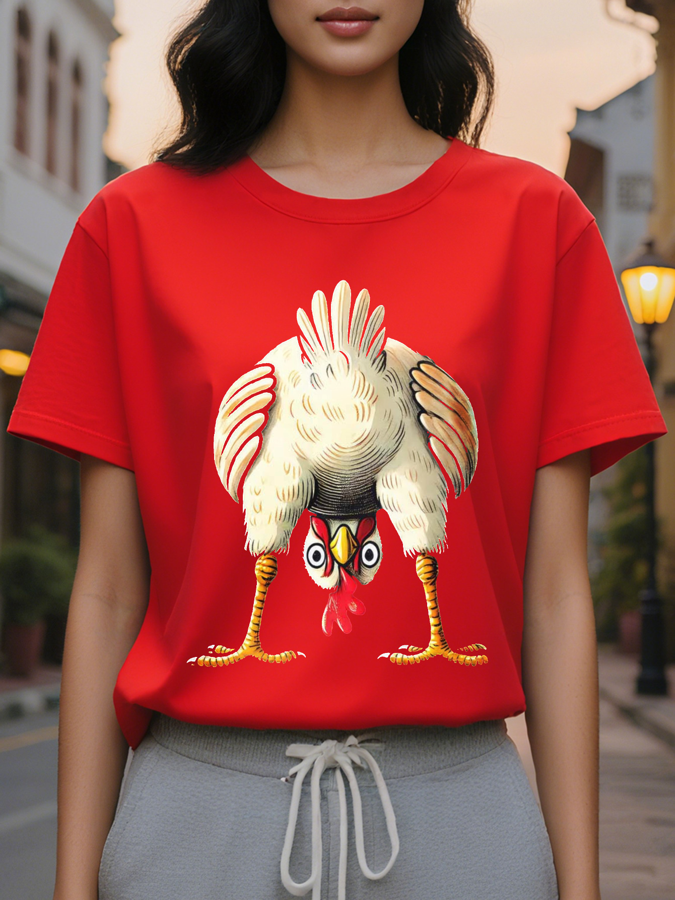 Women's Interesting Chicken Pattern Short Sleeve T-Shirt Black Round Neck Casual Jacket Cartoon Washable