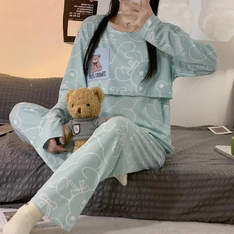 Monthly Clothing 2Piece Spring And Autumn Maternity Pajamas Summer Breastfeeding Suit Homewear 250904