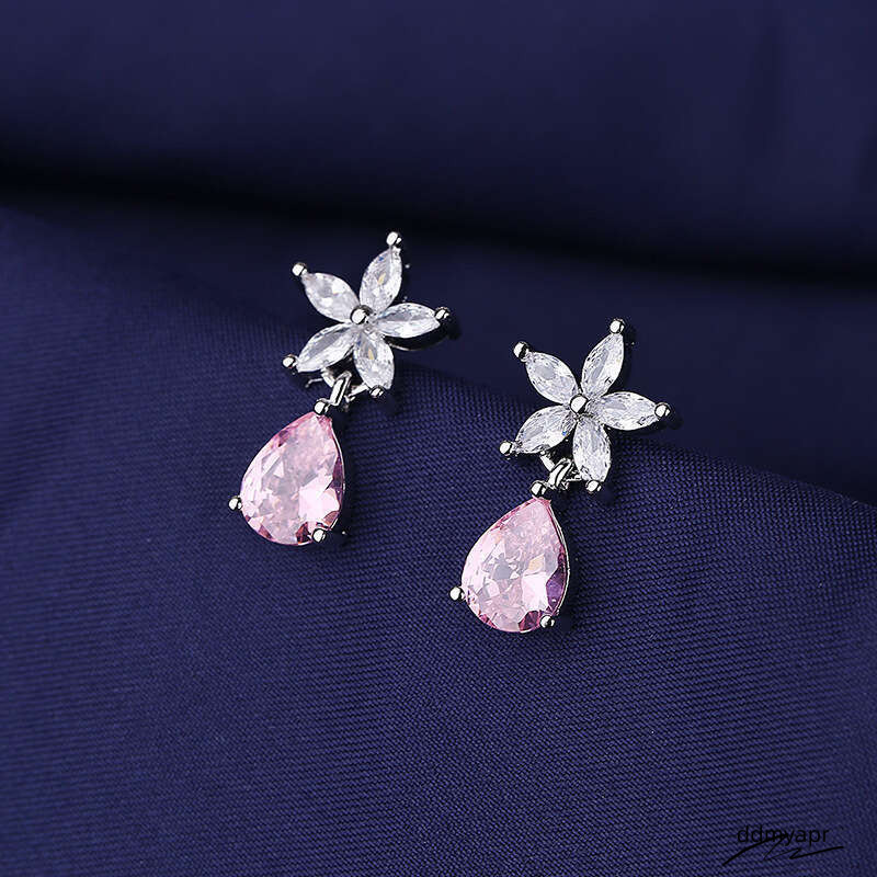 Korean Style Pink Teardrop Zircon Earrings Flower Shaped AAA Crystal Stud Jewelry For Ddmyday Women Ddmyday
