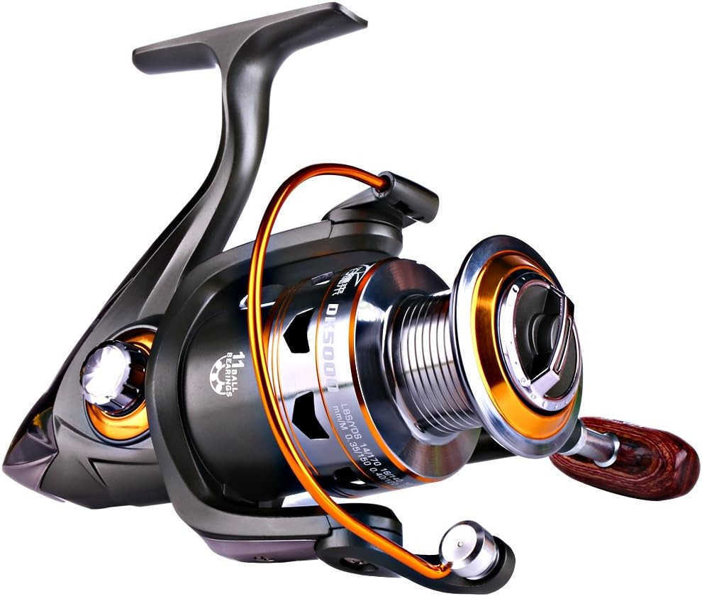 Spinning Fishing Reels with LeftRight Interchangeable Collapsible Wood Handle Powerful Metal Body 521511 Gear Ratio Smooth 11BB for Inshore Boat Rock 