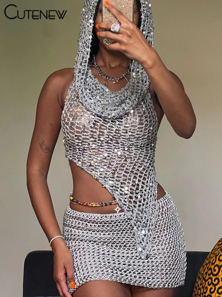 Cute Womens Knitted Two Piece Set Hooded Camisole Vest TopHip Slim Mini Skirt Streetwear Female Dress Suit 250904