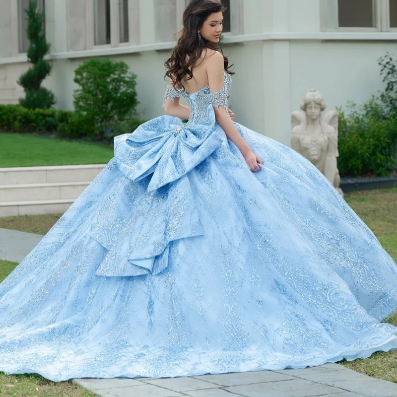 Sky Blue Shiny Quinceanera Dresses Ball Gown Off The Shoulder Sequin Applique Beading Crystal Bow Tull Sweet 16 Dress Vestidos 15 Anos