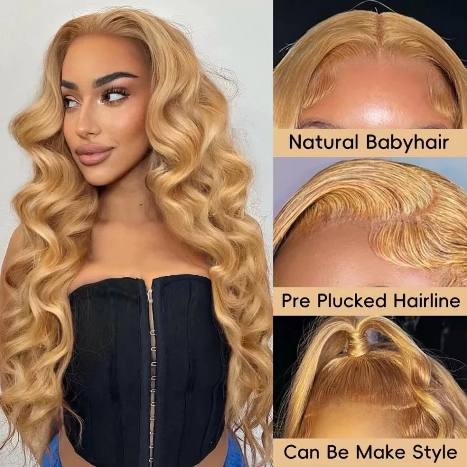 Glueless Hd Lace Frontal Human Hair Wigs Preplucked 200% Body Wave 27 Honey Blonde Lace Front Wig 13x4 Transparent Lace Frontal Wigs For Women