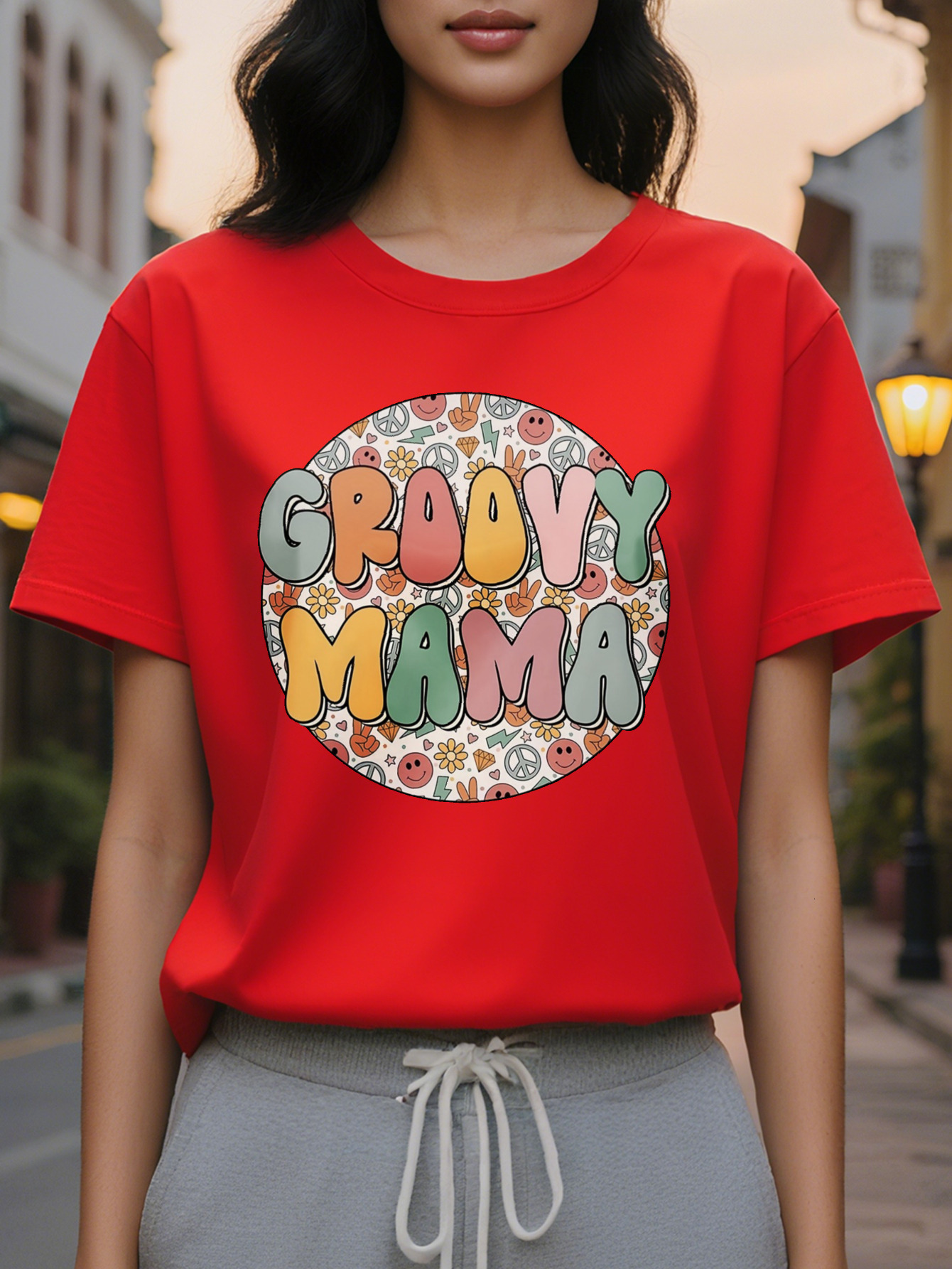 Groovy Mama Printed T-shirt Short Sleeve Round Neck Casual Top Spring Summer Women's Clothing