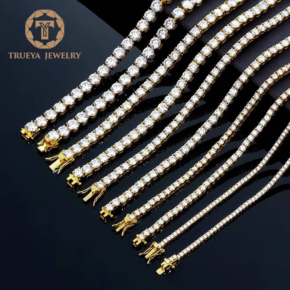 Hot Selling Hiphop Jewelry 26mm 925 Silver Yellow Gold Plated Tennis Link Chain Round Brilliant Cut Moissanite Necklace for Men