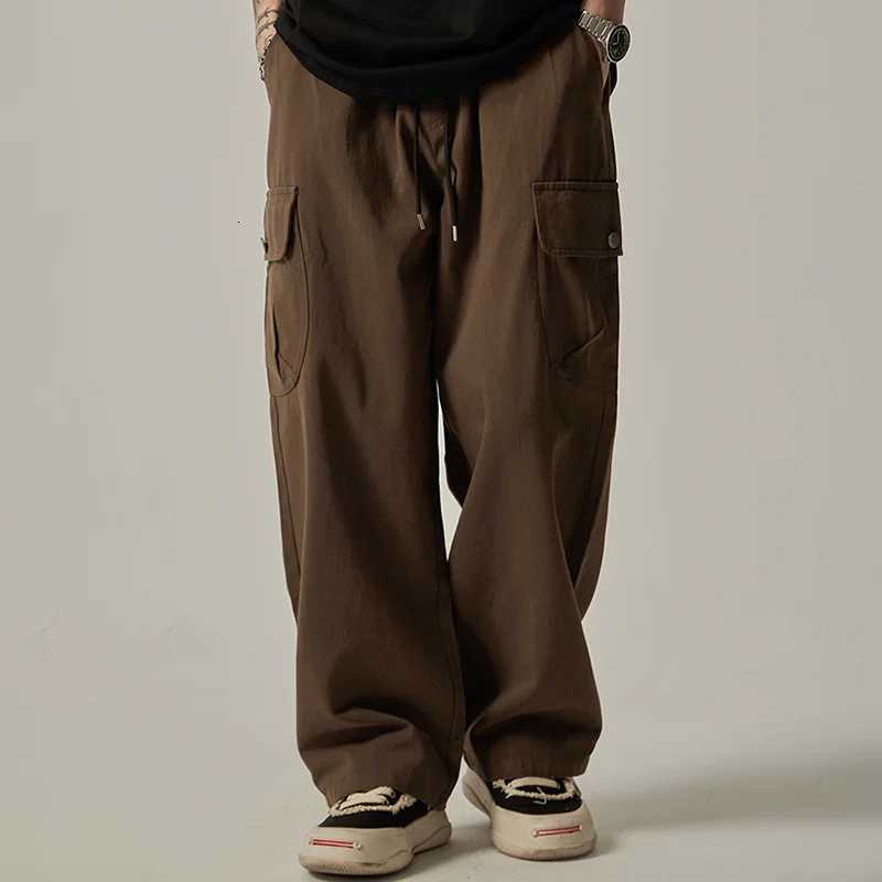 Mens Sweatpants 2025 Spring Autumn Vintage Japanese Wide Leg Straight Loose Button Big Pockets Cargo Pants Drawstring TrousersXJ250904