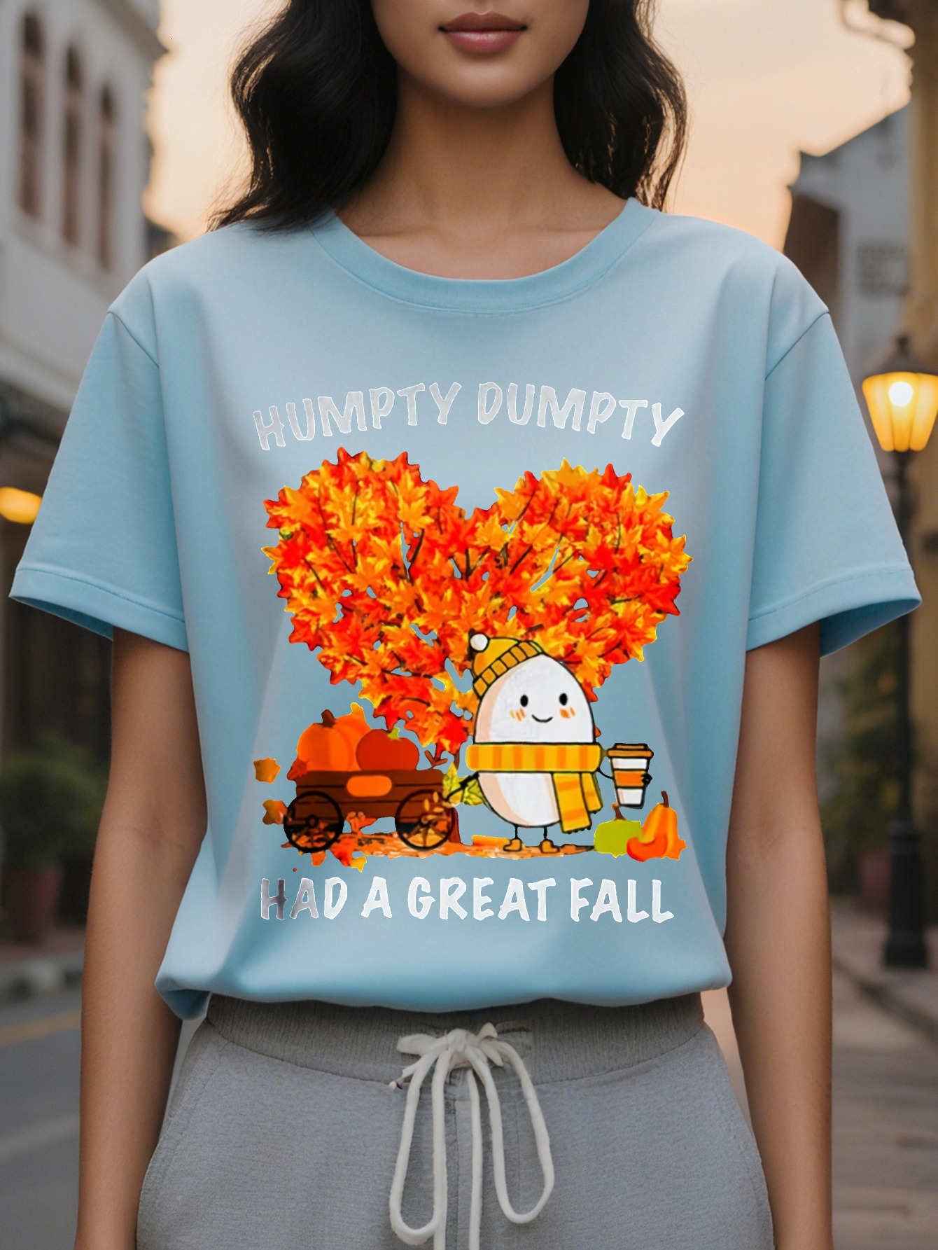 Women's Dark Green Graphic T-Shirt Funny Autumn Saying Tee with Egg Cup Design Casual Everyday Shirt for Halloween