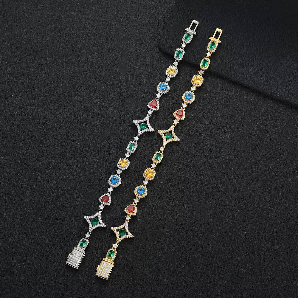 925 silver diamond-embedded hand chain; Hip-hop style ice-type diamond Cuban link hand chain jewelry