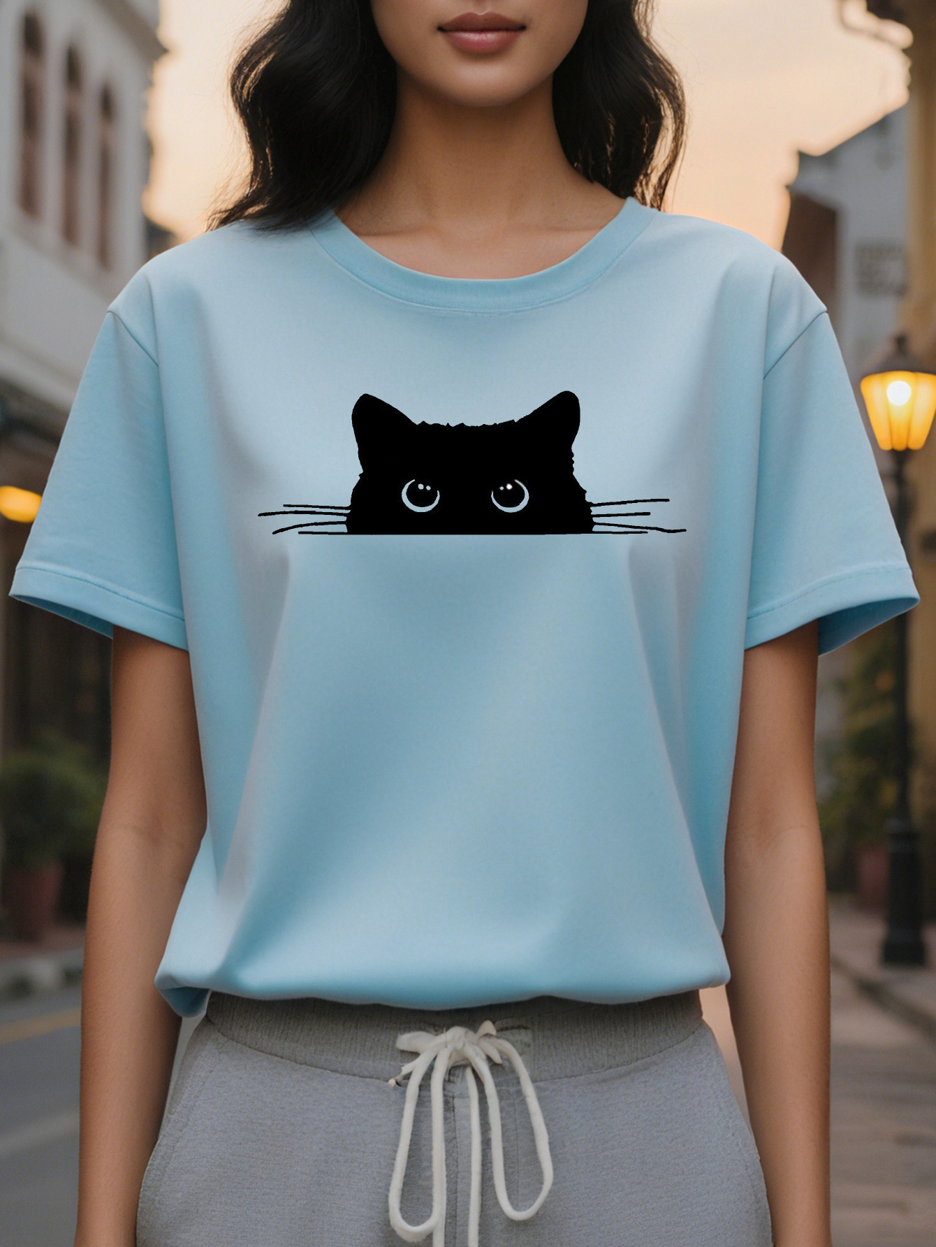 Cat Print T-Shirt Short Sleeve Round Neck Casual Top Summer And Spring Women