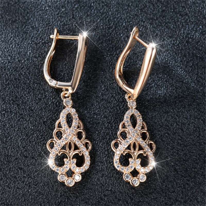 Rose Gold Hollow Crystal Drop Earrings Elegant Vintage Filigree Design Versatile Statement Jewelry for Women Ideal Gift for Parties Weddings Daily Wea