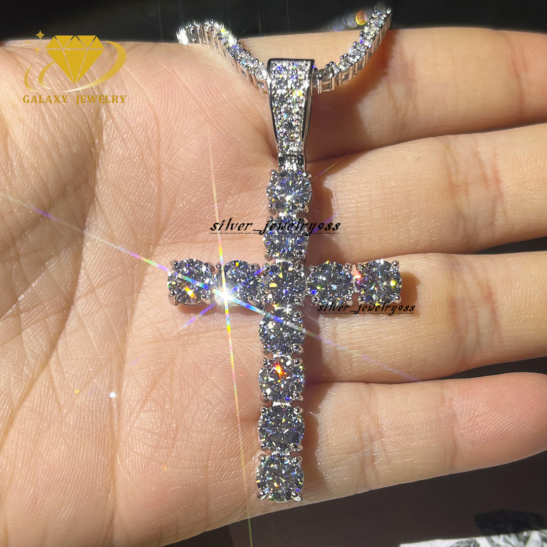Hip Hop Pendant Cross Pendant Moissanite Vvs 925 Silver D Color 6MM Moissanite Diamond Cross Necklace for Tennis Chain