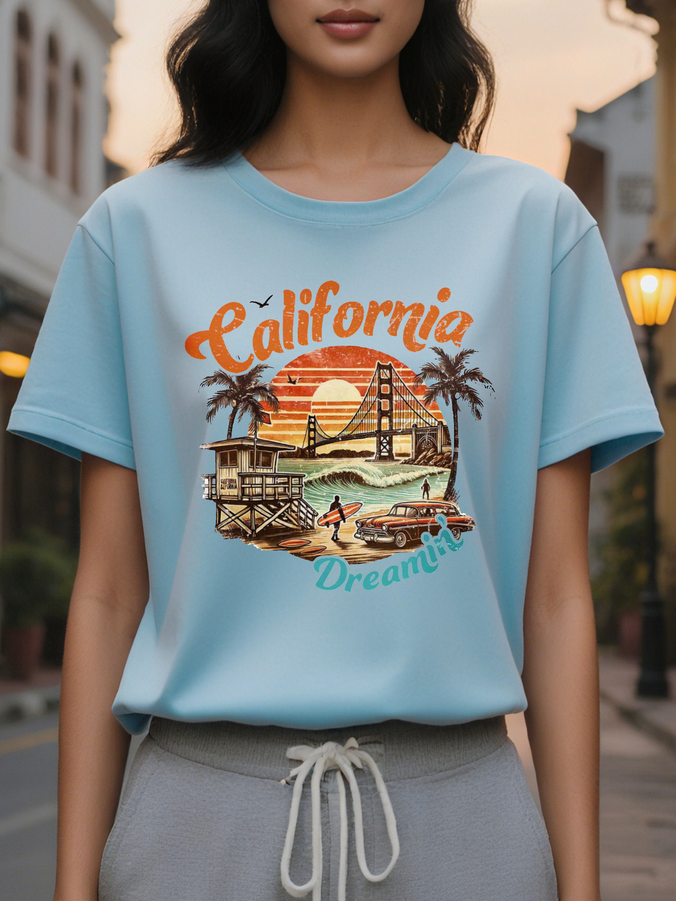 Women's California T-Shirt White Golden Gate Bridge Palm Trees and Vintage Car Design Soft Everyday Summer Top for