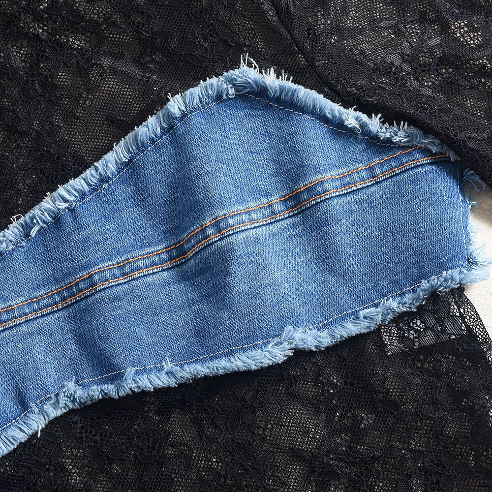 New Sexy Hot Girl Long Sleeve High Neck See-through Hollow for Women Out Denim Lace Color Block Jumpsuit