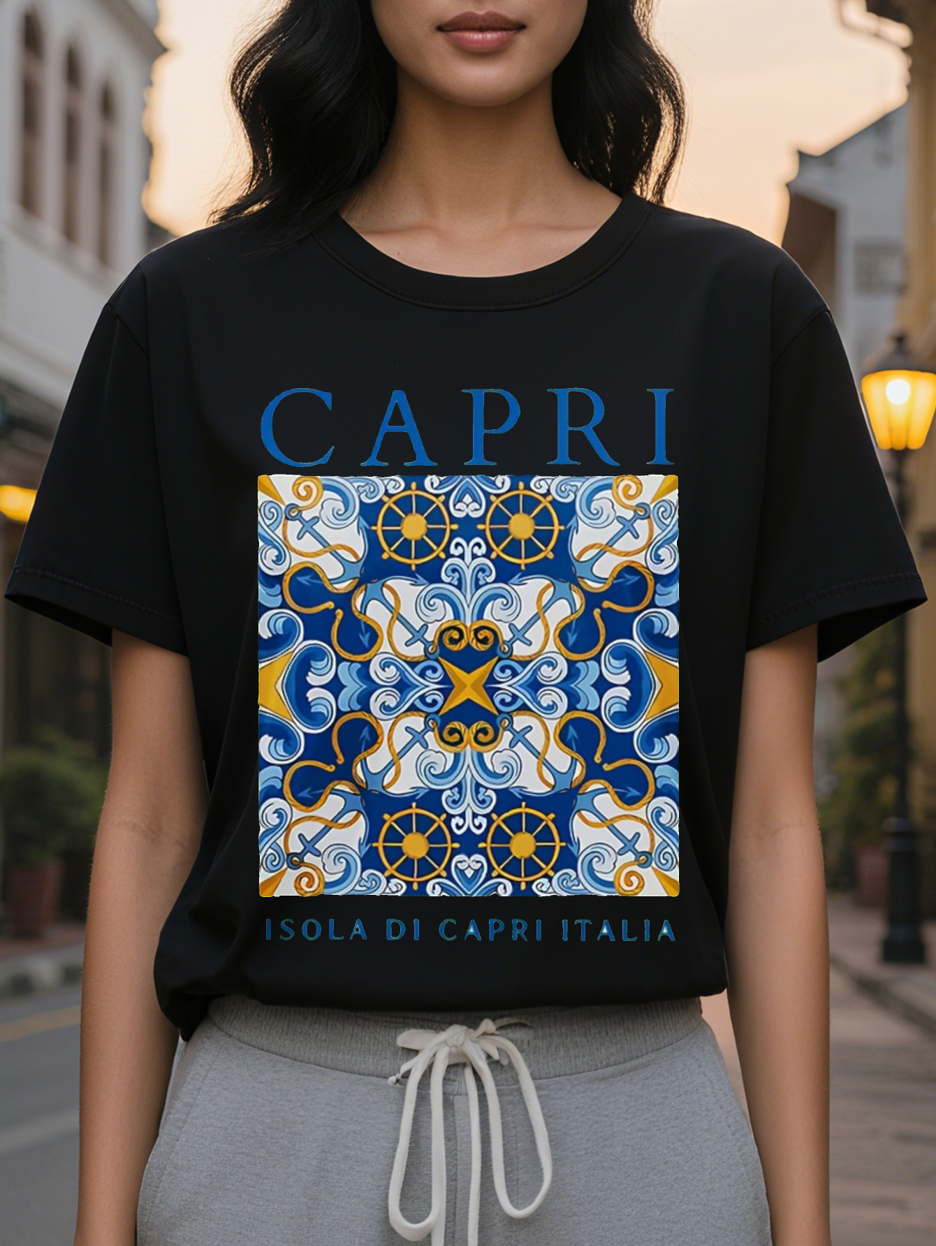 CAPRI American Style Trendy Printed Round Neck Short Sleeve T-Shirt Women's Spring and Summer New Slim Fit Slimming