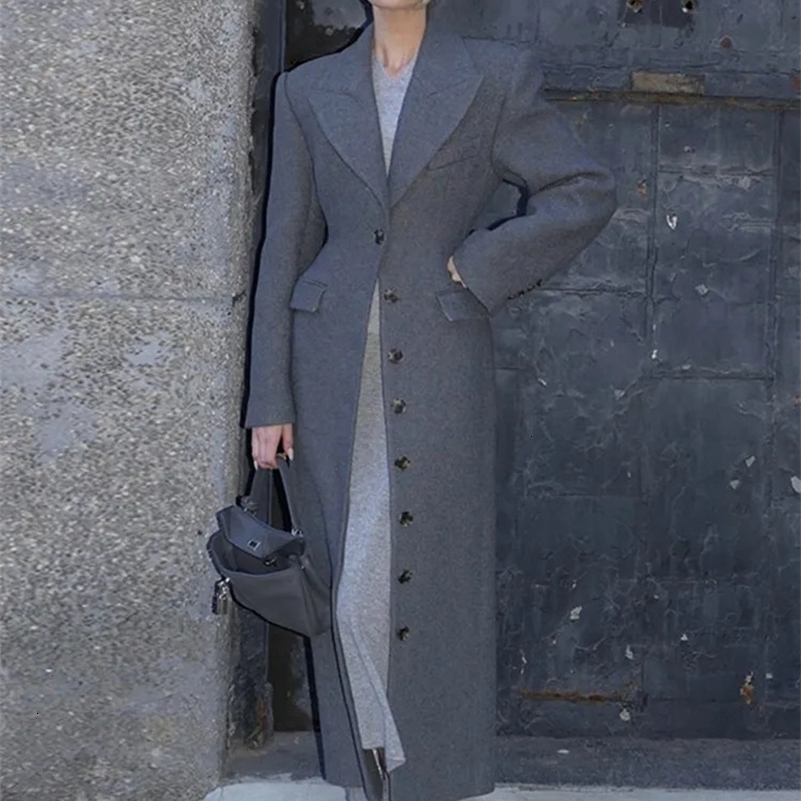 Chic Waist Up Wool Blends Long Jacket Women Lapel Full Sleeves Single Breasted Outerwear 2025 Spring Lady High Streetwear Coats 250903