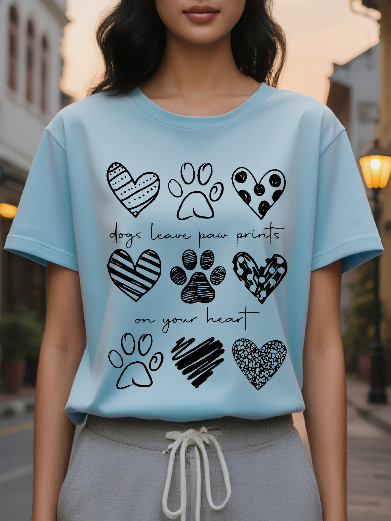 Women's Cute Print Short Sleeve T-Shirt Dogs Leave Paw Marks On Your Heart Design White Round Neck Casual Top Spring