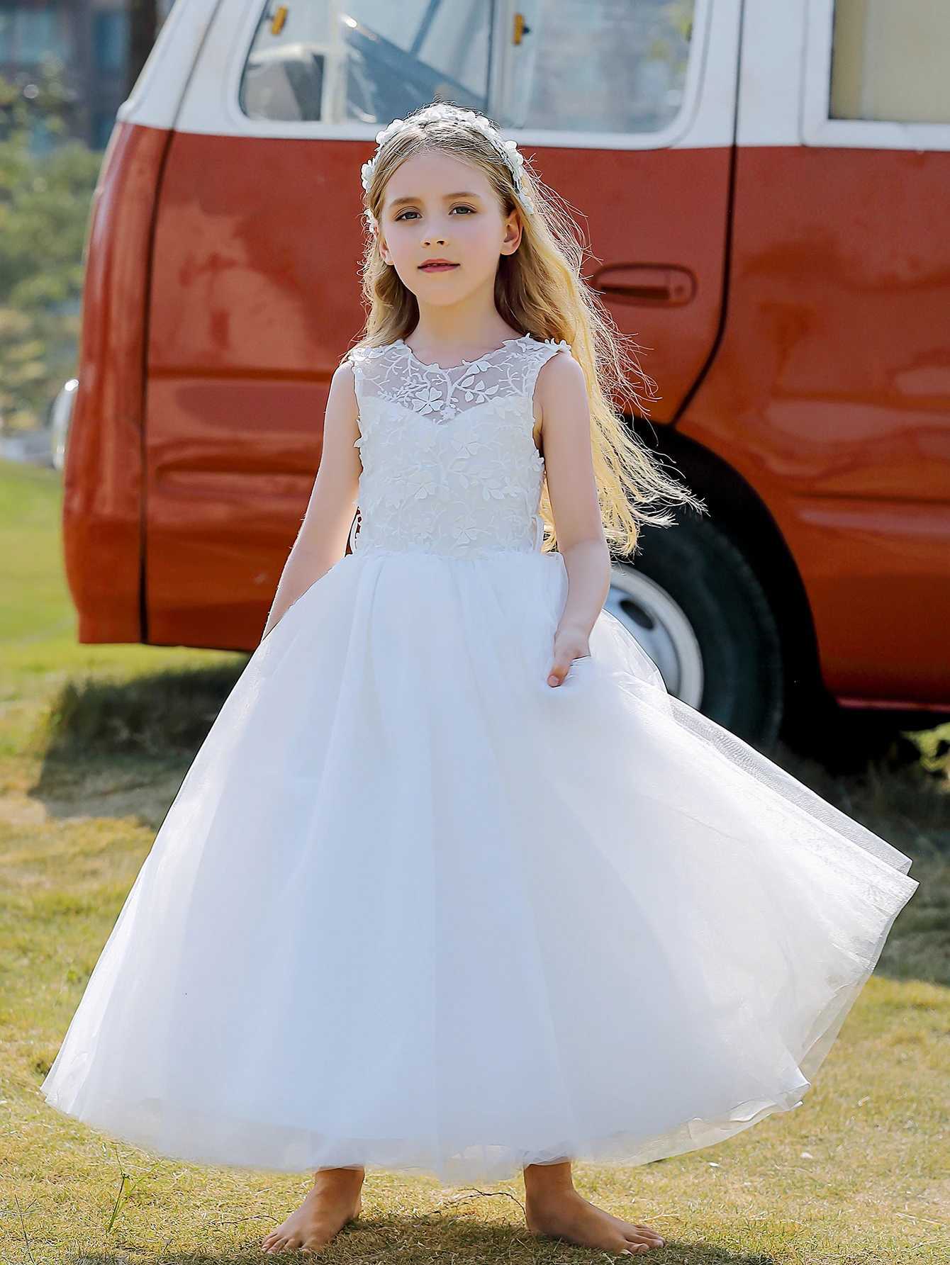 Soft Tulle Satin Floral Appliques Lace Elegant Wedding Party Princess Toddler Dress Z250904