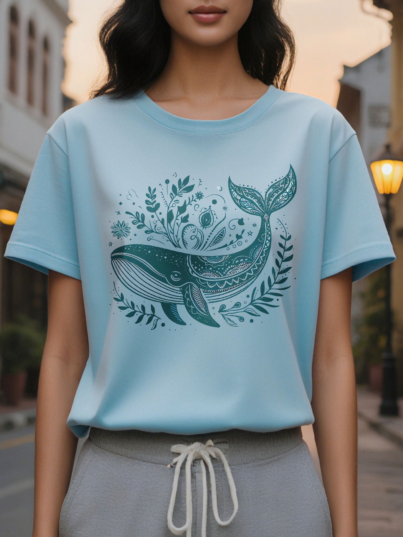 Large XL Breathable Semi Sheer Women's Whale Floral Print T-Shirt Medium Stretch Washable Spring Summer Tee for Beach Plus Size