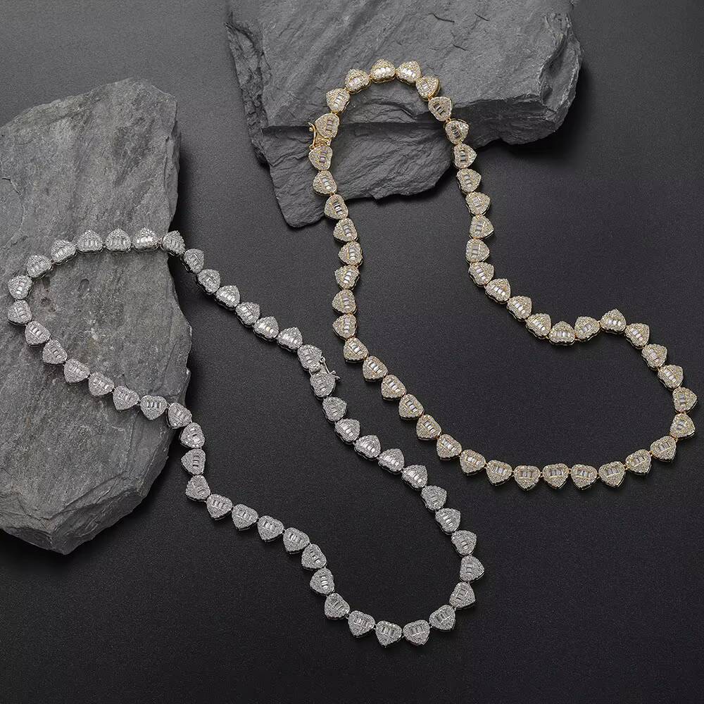 8mm Hip Hop Zircon Peach Heart Iced Out Zircon Necklace Fashion Trend Heart Shaped Tennis Chain