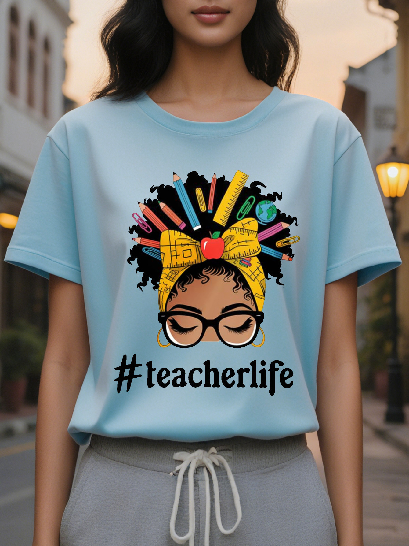 Women Black History Sleeve T-Shirt Round Neck Casual Top Designed Teacher Life Colored Pencil Floral Illustration