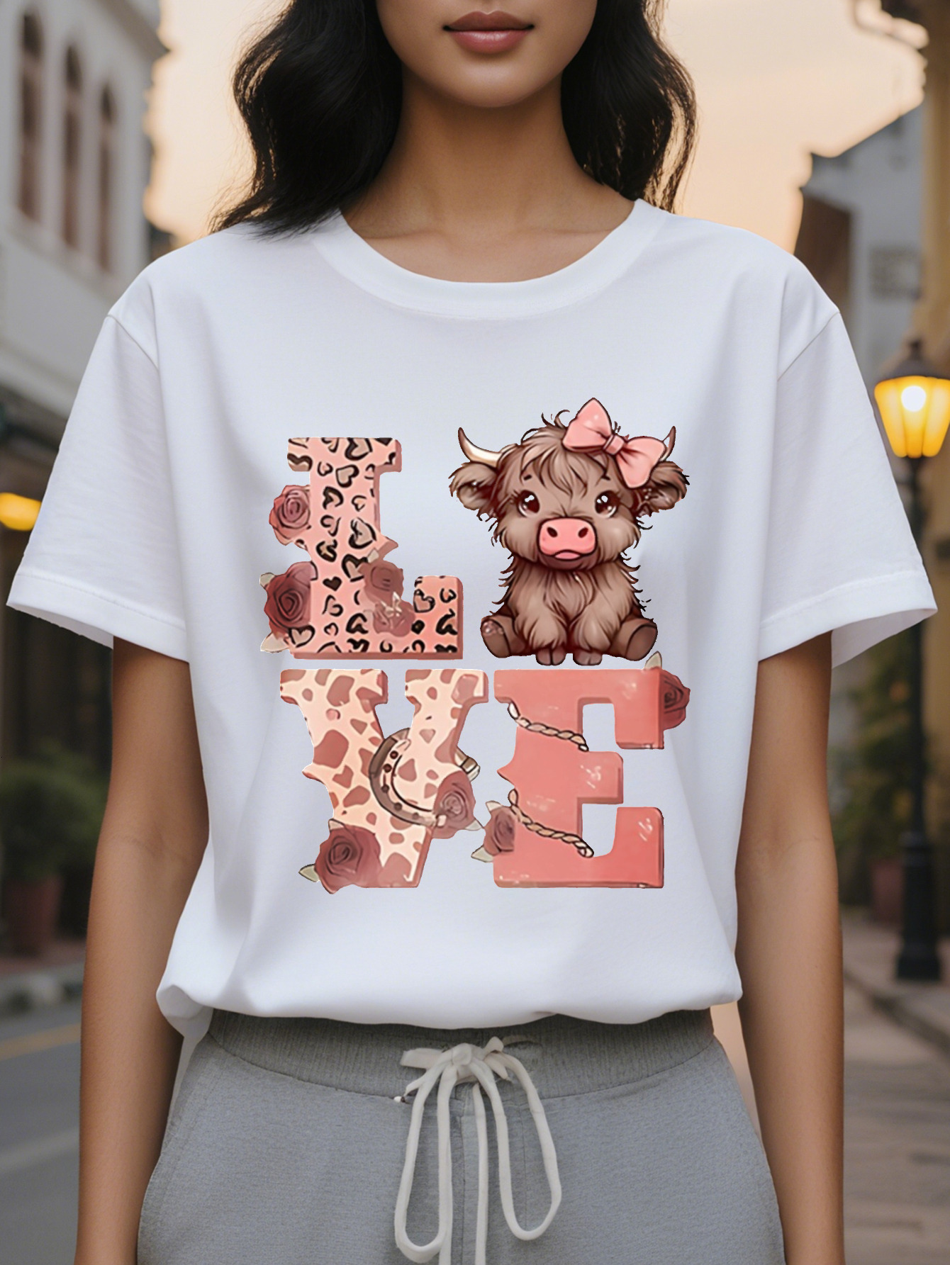 Women's Slim LOVE Pattern T-Shirt Black with Pink Cow Print Translucent Crew Neck Short Sleeve Spring and Wear