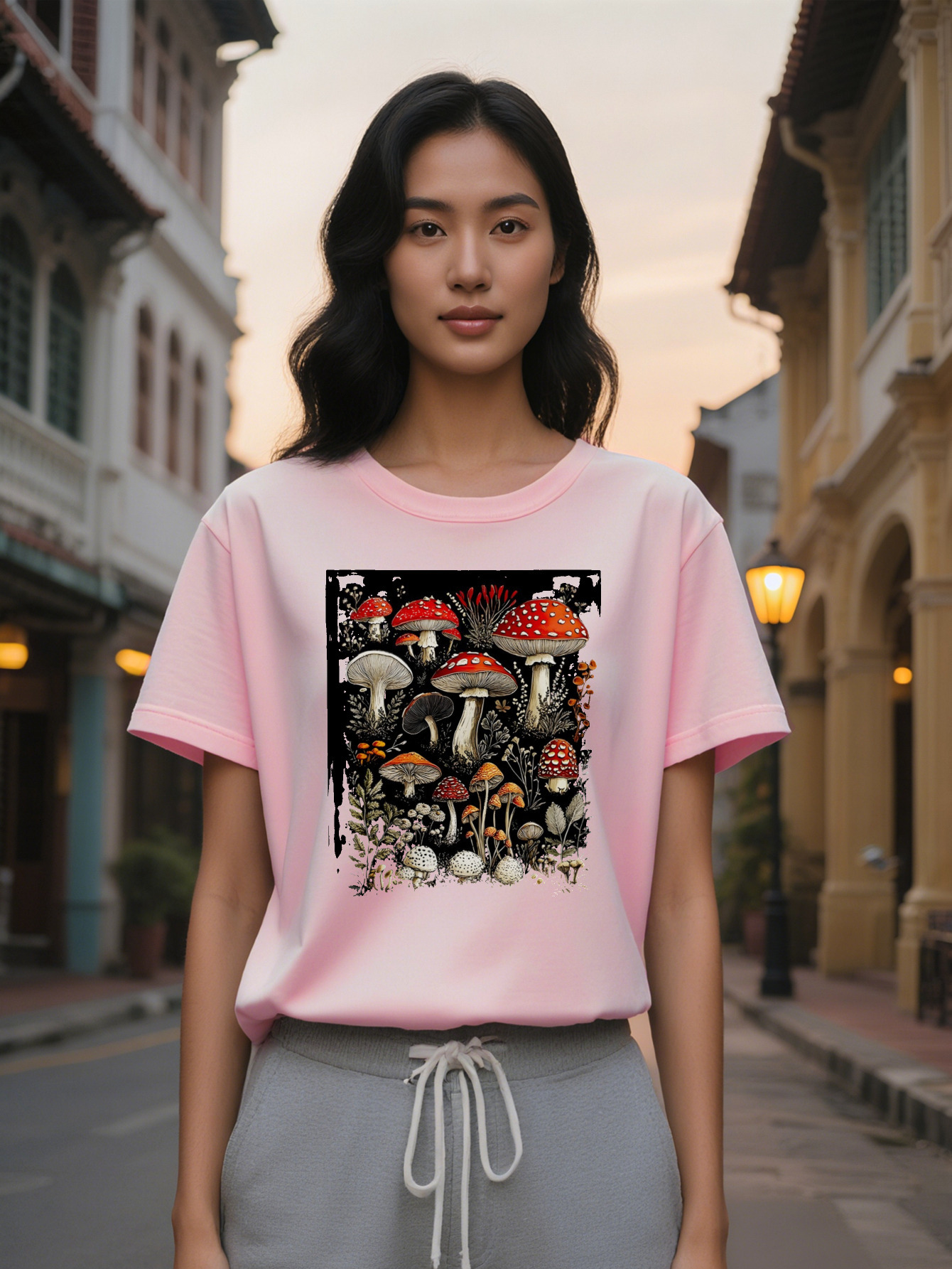 Large XL Lady Short Sleeve T-Shirt with Botanical Mushroom Print Black Round Neck Summer Top Breathable and Washable Plus Size